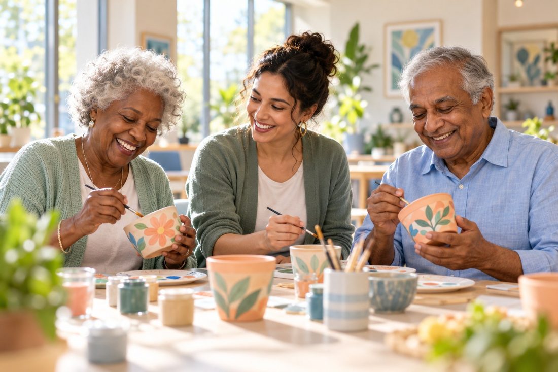 AI-generated fictional adults enjoying a creative activity together